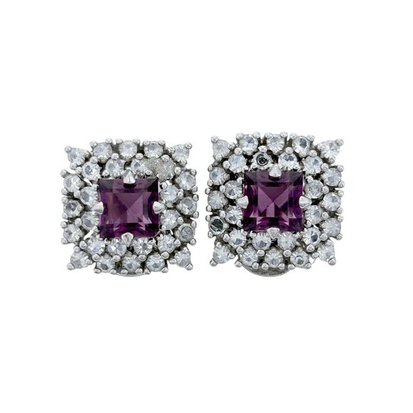 Vintage Sterling Silver 925 Purple And White Cubic Zirconia Clip On Earrings - Picture 1 of 7